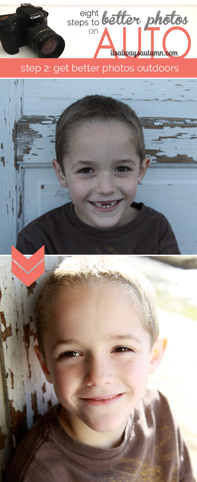 A photo of a young boy taken outside with flat blue light, then a photo of same boy with pleasant golden side lighting