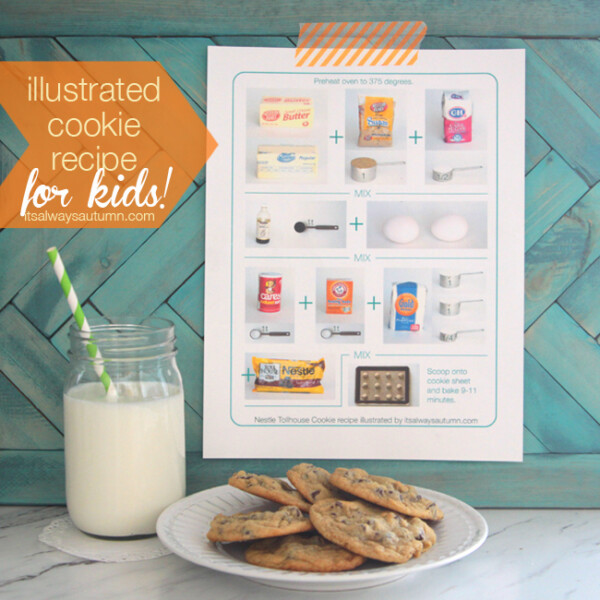 illustrated cookie recipe with plate of cookies and jar of milk
