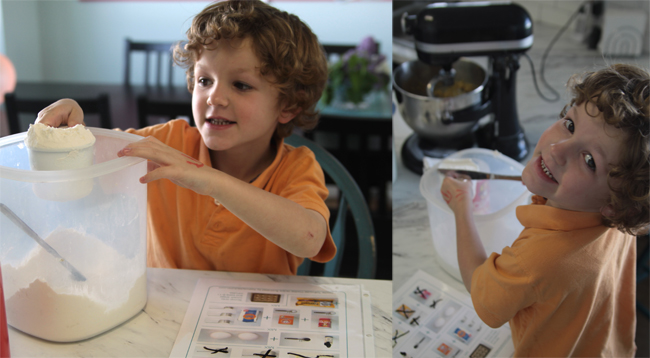 A little boy helping make chocolate chip cookies