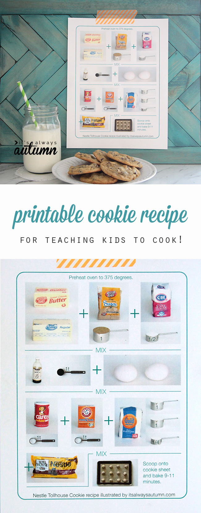 What a fun idea! This printable cookie recipe sheet is perfect for teaching kids how to cook, even if they can't read yet.