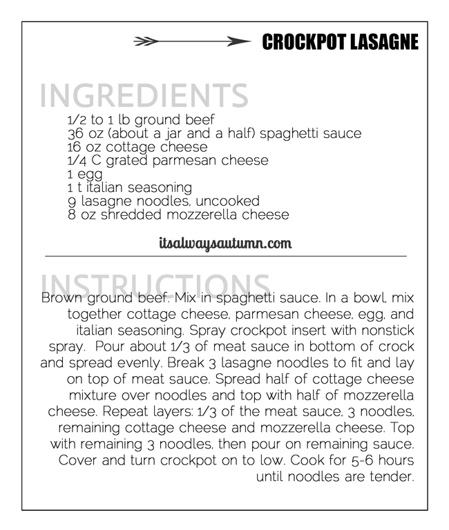 Crockpot lasagne recipe card