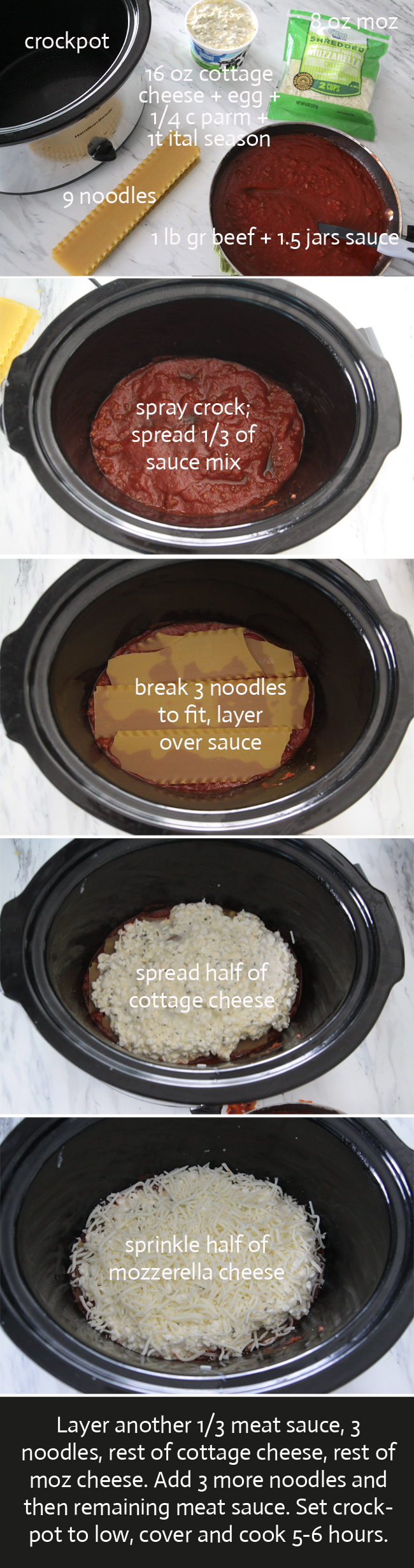 Layers of lasagne ingredients in crockpot: 1/3 of sauce mix; noodles; half of cottage cheese; half of mozzarella cheese;  repeat layers and finish with sauce