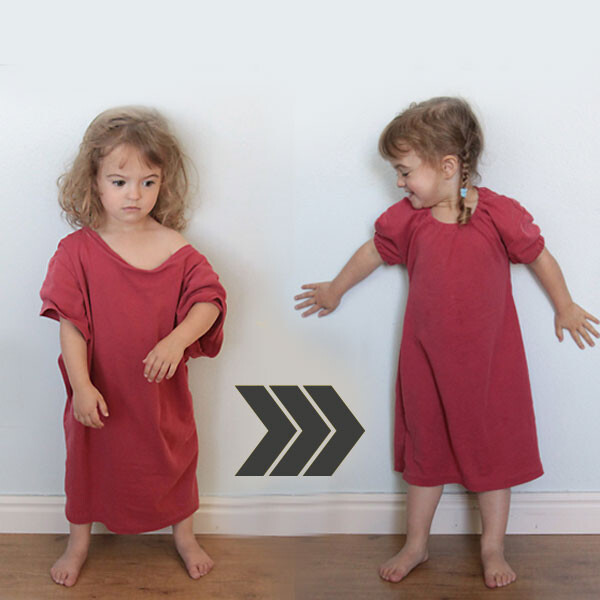 A little girl wearing a too big t-shirt, then same girl wearing a nightgown made from the t-shirt