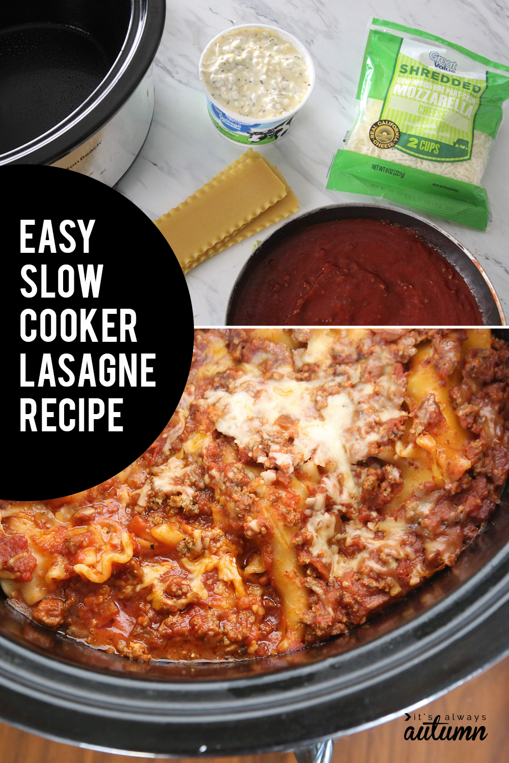 Slow cooker lasagne recipe. Did you know you can make lasagna in the crockpot? No need to heat up your oven!