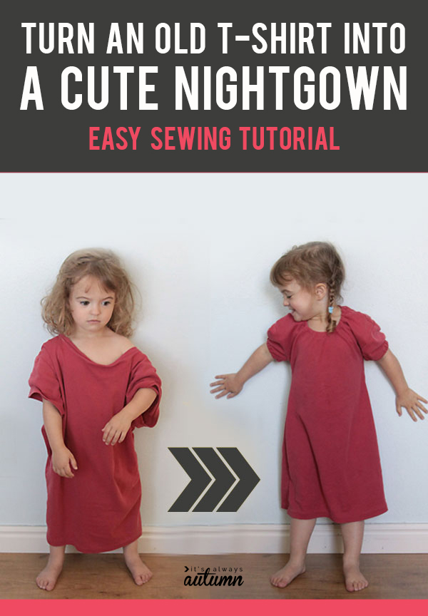 Turn an old tee into a cute nightgown with this super easy sewing tutorial! It only takes a few seams. T-shirt nightgown DIY.