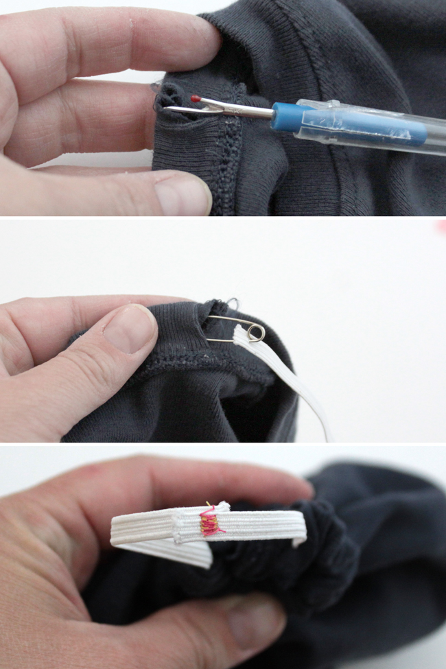 using seam ripped to open hole in seam of neckbinding; using safety pin to thread elastic into neckbinding; two ends of elastic sewn together with zig zag