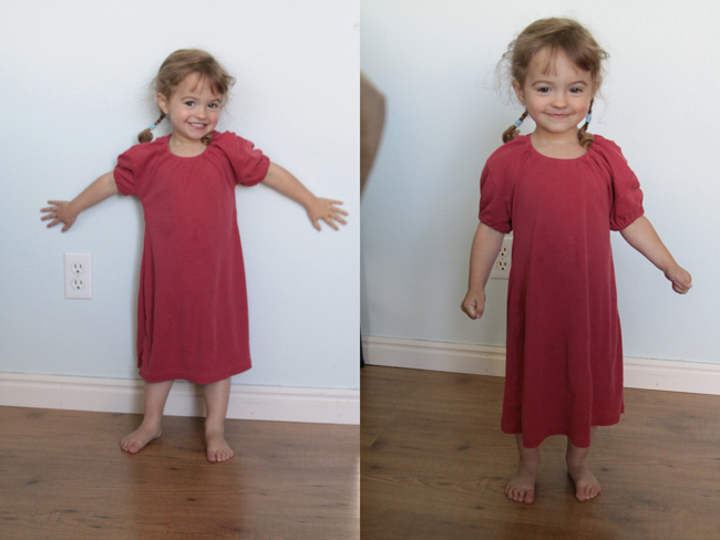 A little girl wearing a nightgown upcycled from a t-shirt