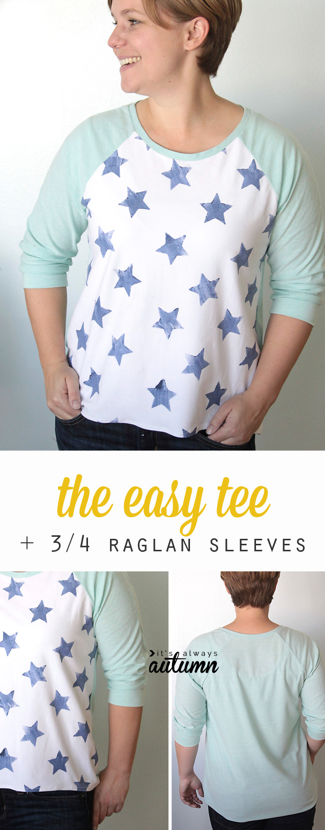 Free pattern and sewing tutorial for this easy to sew raglan tee shirt for women with three quarter length sleeves.