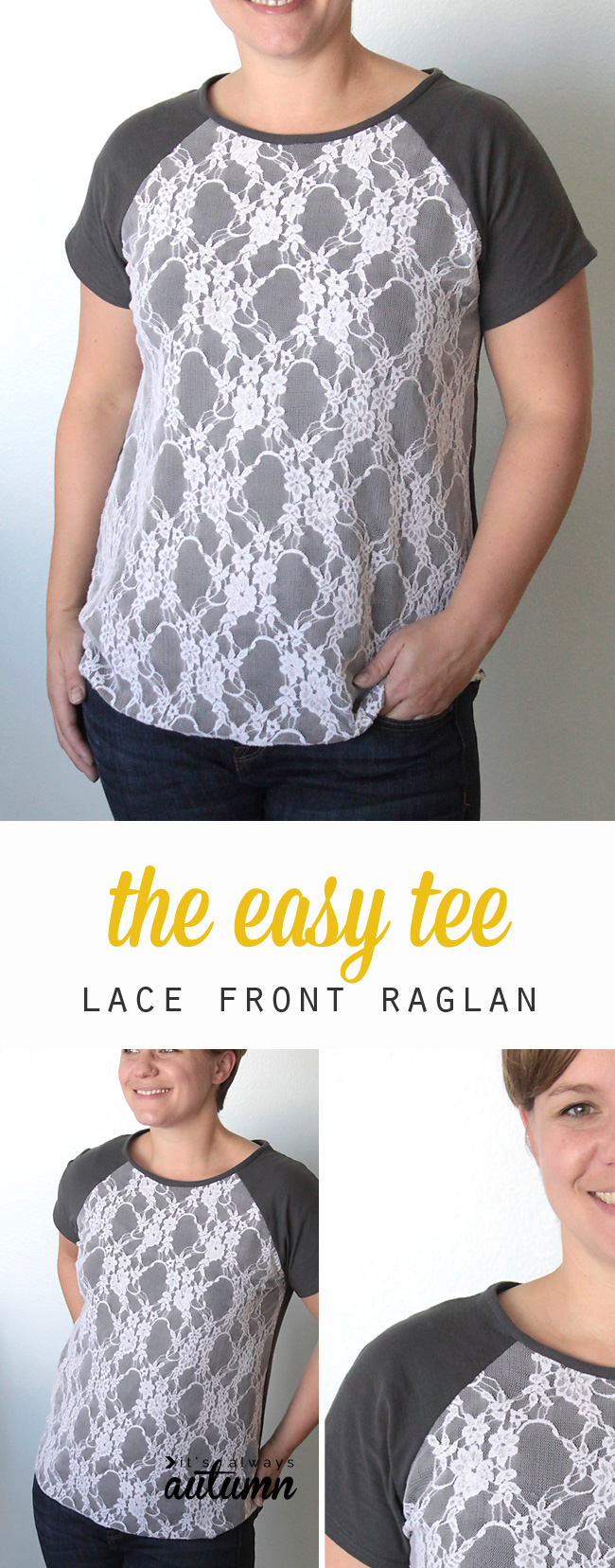 Free pattern and sewing tutorial for this pretty lace front raglan tee for women.