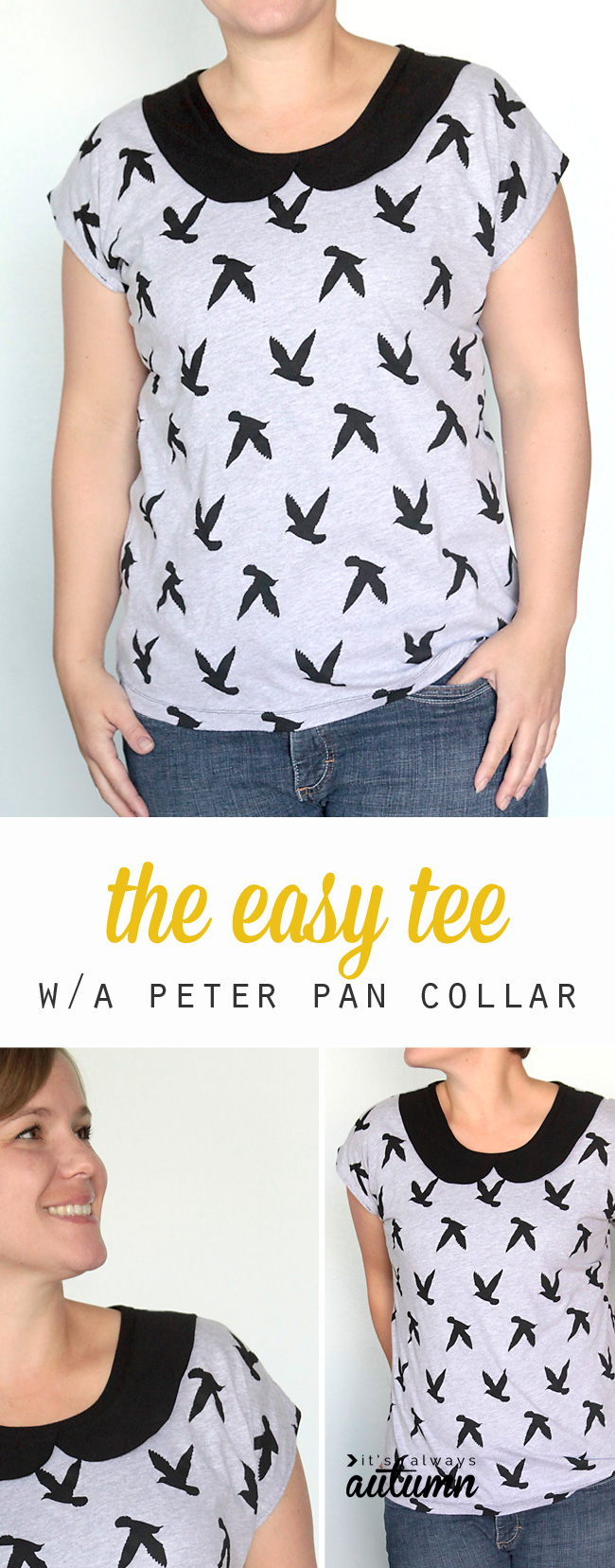 Free sewing pattern and tutorial for this easy to sew women's tee with a cute peter pan collar.