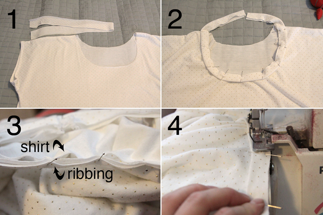 Neckbinding piece pinned into neckline; sewing neckbinding on with a sewing machine, stretching binding to fit