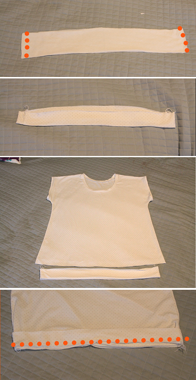 hem band pieces sewn together at short ends;  folded and pressed; placed over bottom of shirt; seam marked to attach