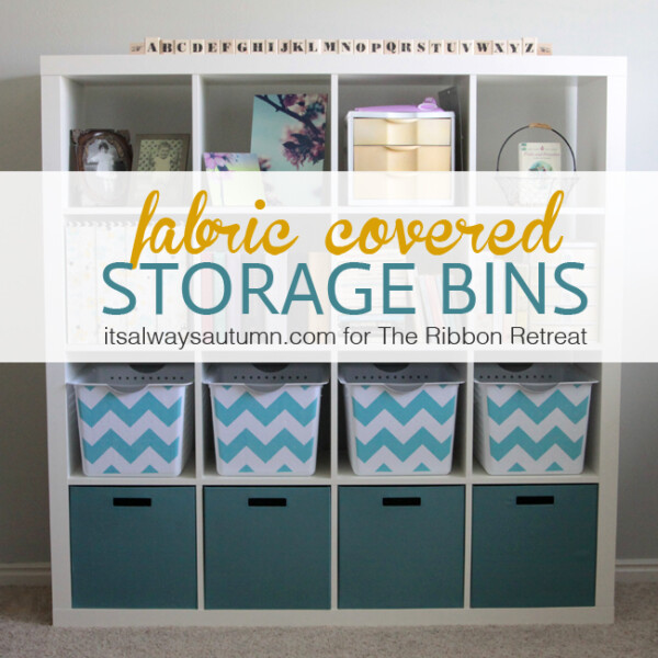 storage bins in a cube storage unit covered with chevron fabric