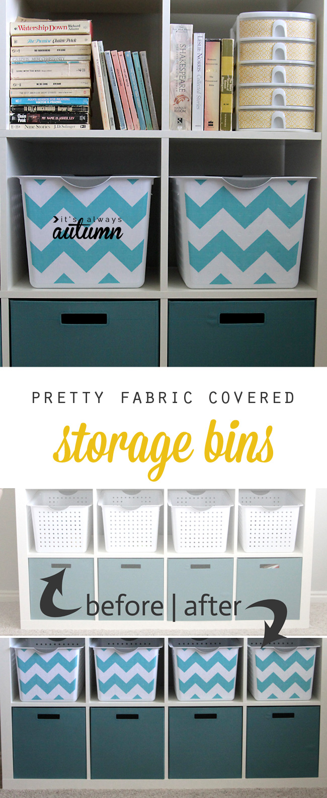 turn cheap plastic storage bins into pretty fabric covered bins with this easy DIY (free cutting template included)