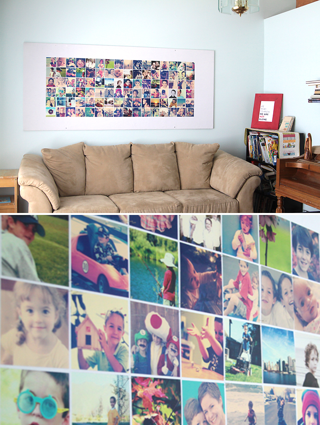 A giant DIY bulletin board covered with photos hanging on a wall