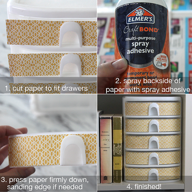 Covering the outside of small plastic drawers with pattern paper using spray adhesive