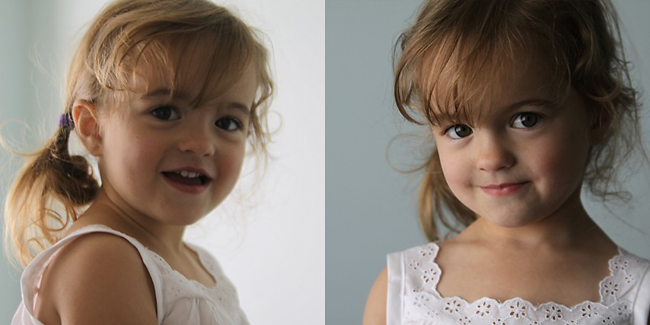 A little girl posing for a picture with no light in her eyes; same girl posing again with bright catchlights in her eyes