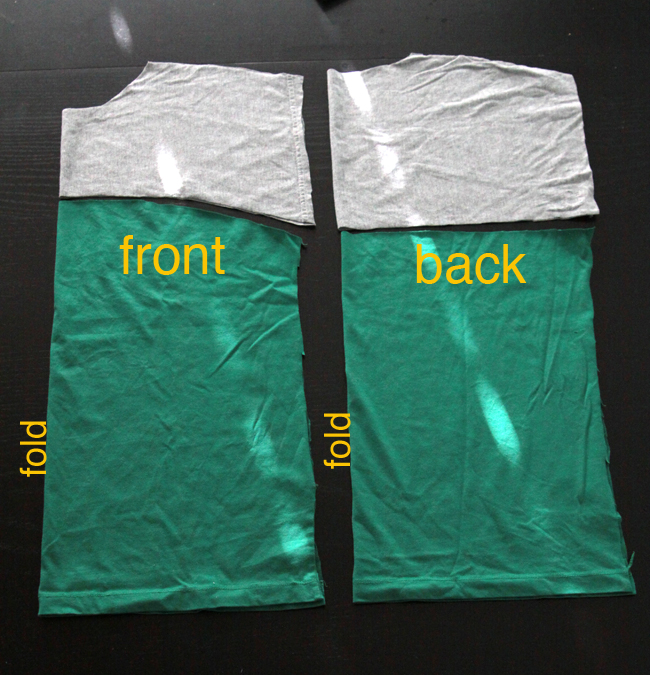 Colorblocked shirt pieces: gray front and back pieces and green front and back piece