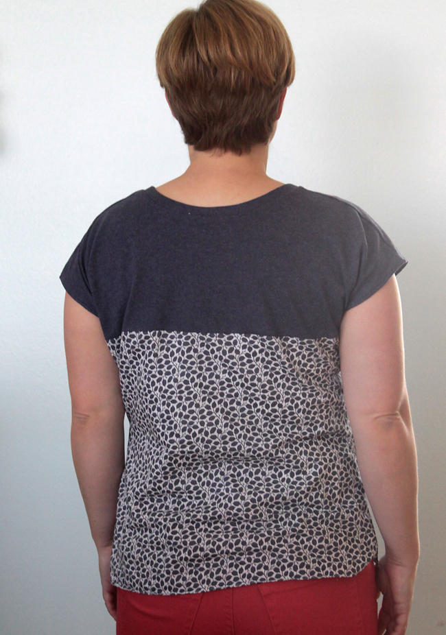 A woman wearing the pattern drop tee, back view
