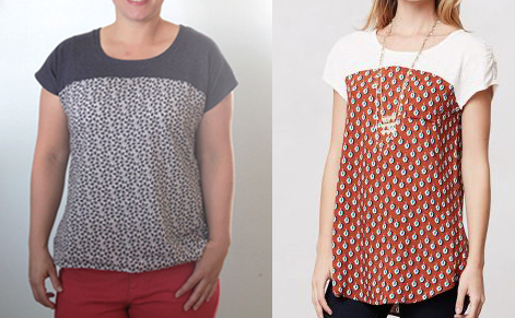 Women wearing t-shirts with solid colors at the top and patterned fabric at the bottom