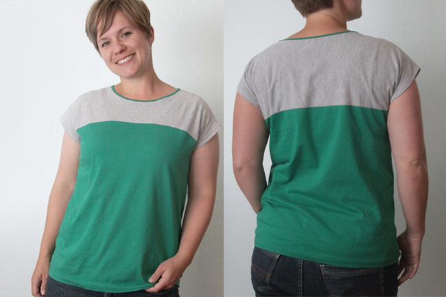 A woman wearing a colorblocked t-shirt