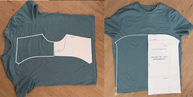 Cutting the easy tee pattern pieces from a large t-shirt used for fabric