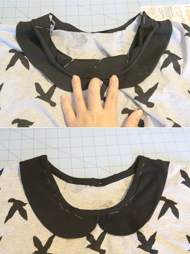 Neckbinding strip of fabric pinned over the peter pan collar 