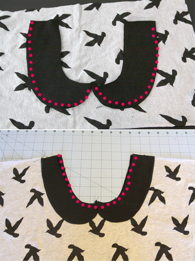 Peter pan collar pieces laid over t-shirt front, seam along neckline marked