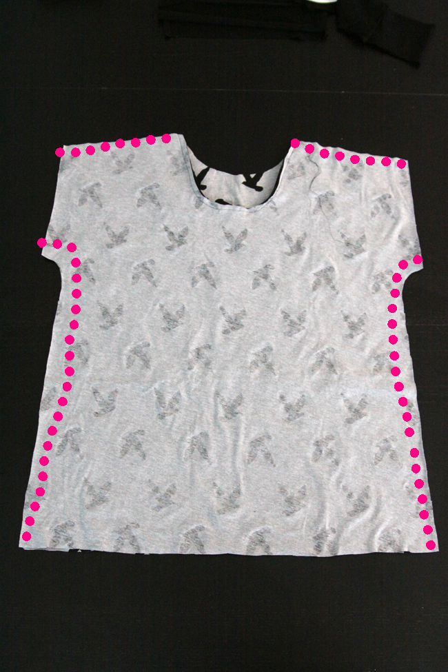 shirt front piece laid over shirt back piece, side seams and shoulder seams marked