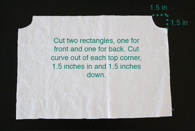two rectangles of white fabric, with curve cut from each top corner, 1.5 inches in and 1.5 inches down