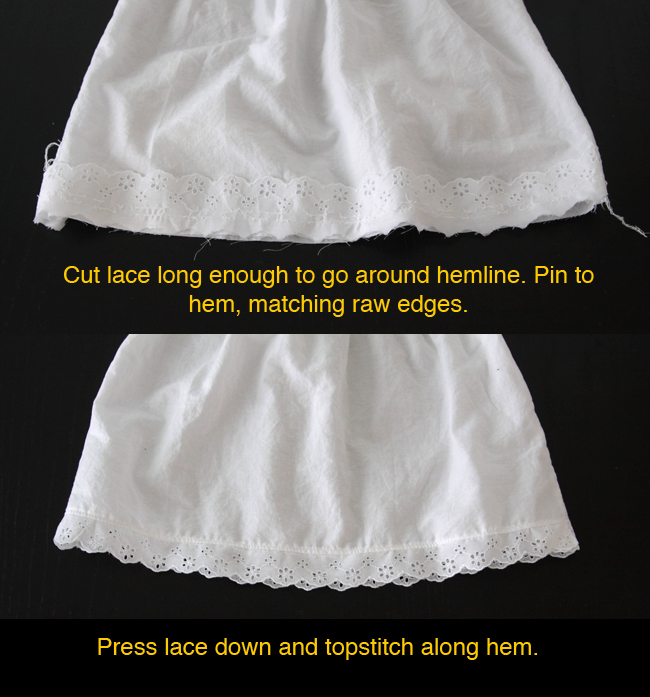 Cut lace long enough to go around the hemline. Pin lace to the hem, matching raw edges. Photo of blouse with lace pressed down and topstitched along the hem.