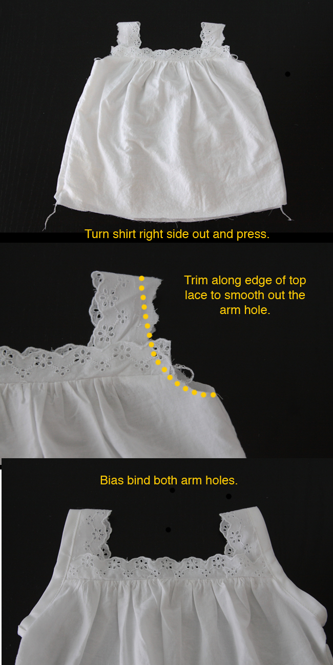 Shirt turned right side out and pressed. Dots showing to trim along edge of top lace to smooth out to the arm hole. Both arm holes bound with bias tape.