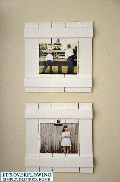 DIY picture frames made from wood and metal clips so photos can be easily changed