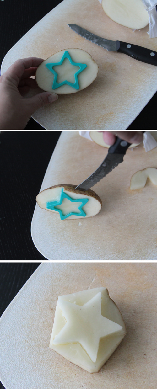 Using star cookie cutter to make star stamp from a potato