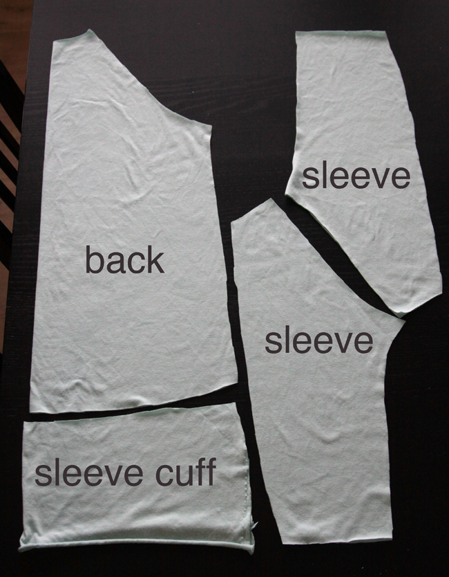 Easy tee pattern pieces: shirt back, sleeves, sleeve cuffs