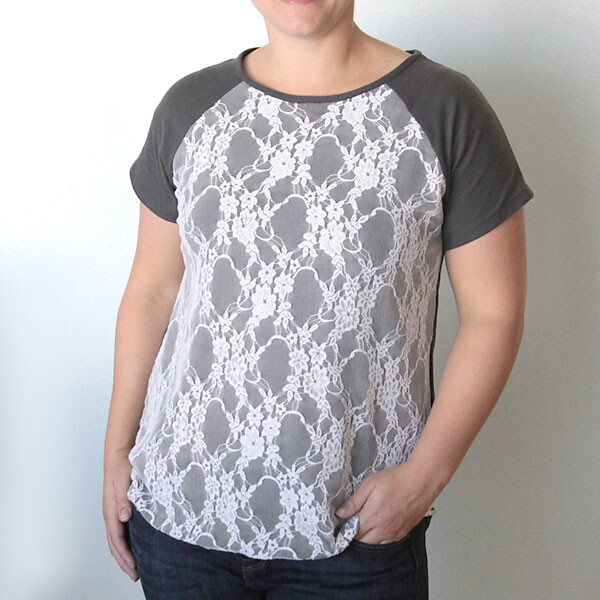 Woman wearing raglan t-shirt with lace front