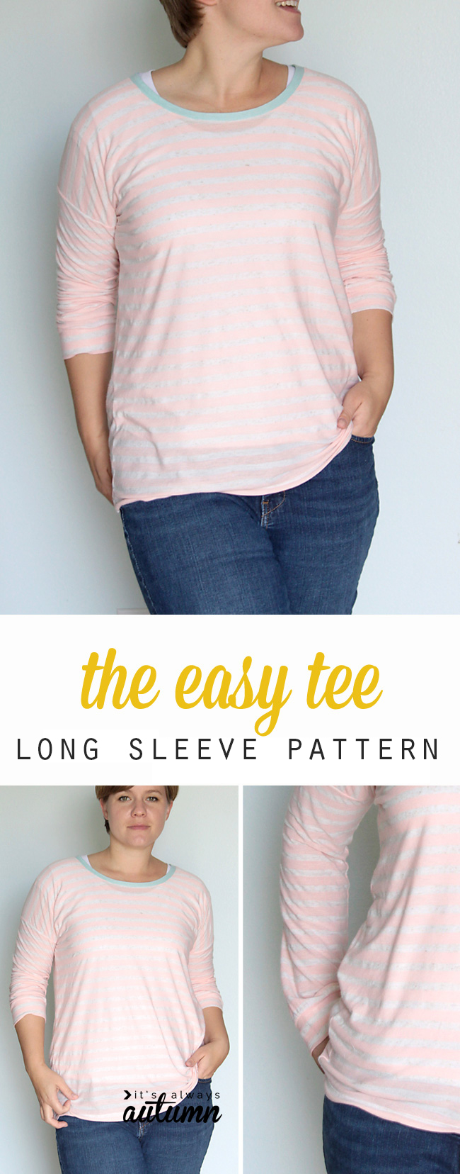 Learn how to sew this comfy long sleeve tee using an easy t-shirt pattern. Free sewing pattern.