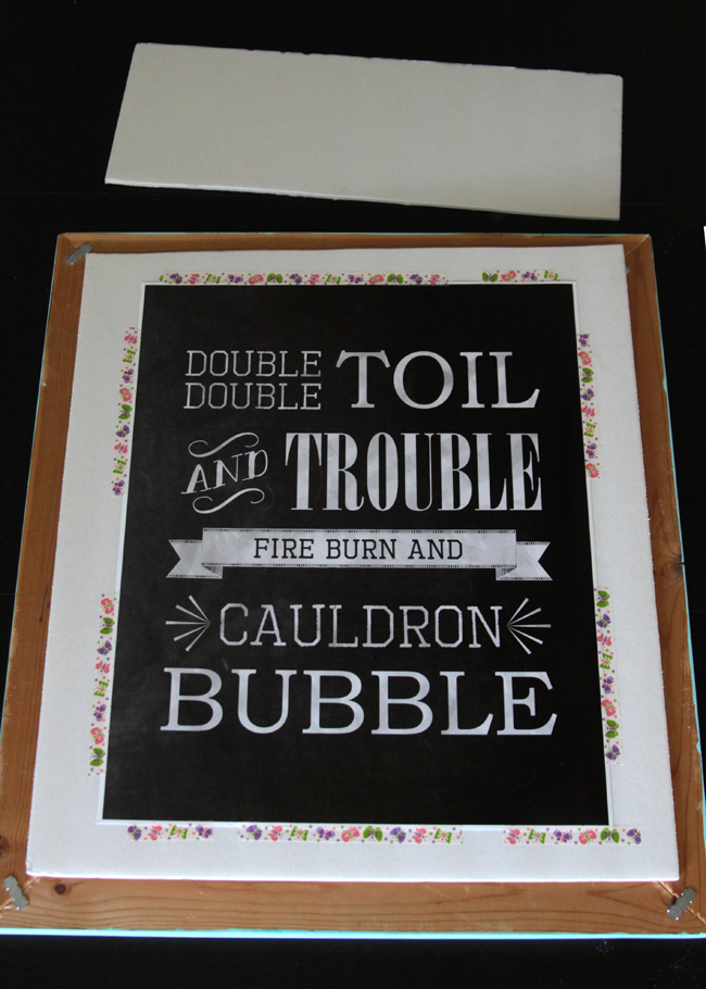 Chalkboard print that says double double toil and trouble fire burn and cauldron bubble