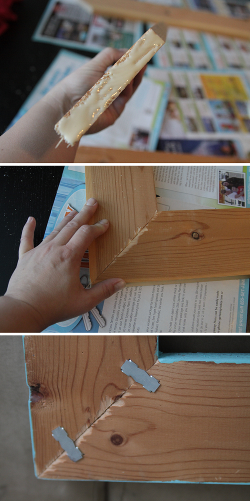 gluing mitered corners of wood frame together and securing with wood joiners