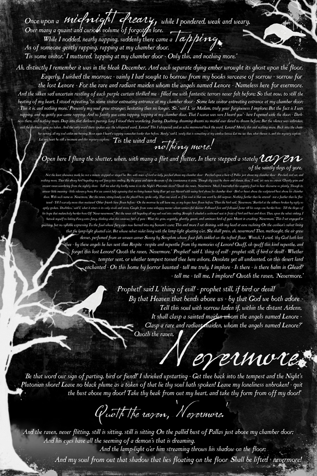 poster size printable of The Raven poem on black background