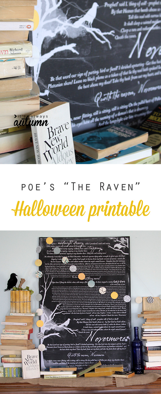 Free Halloween printable wall art: "The Raven" by Edgar Allen Poe. Tutorial for printing and mounting for about $10.