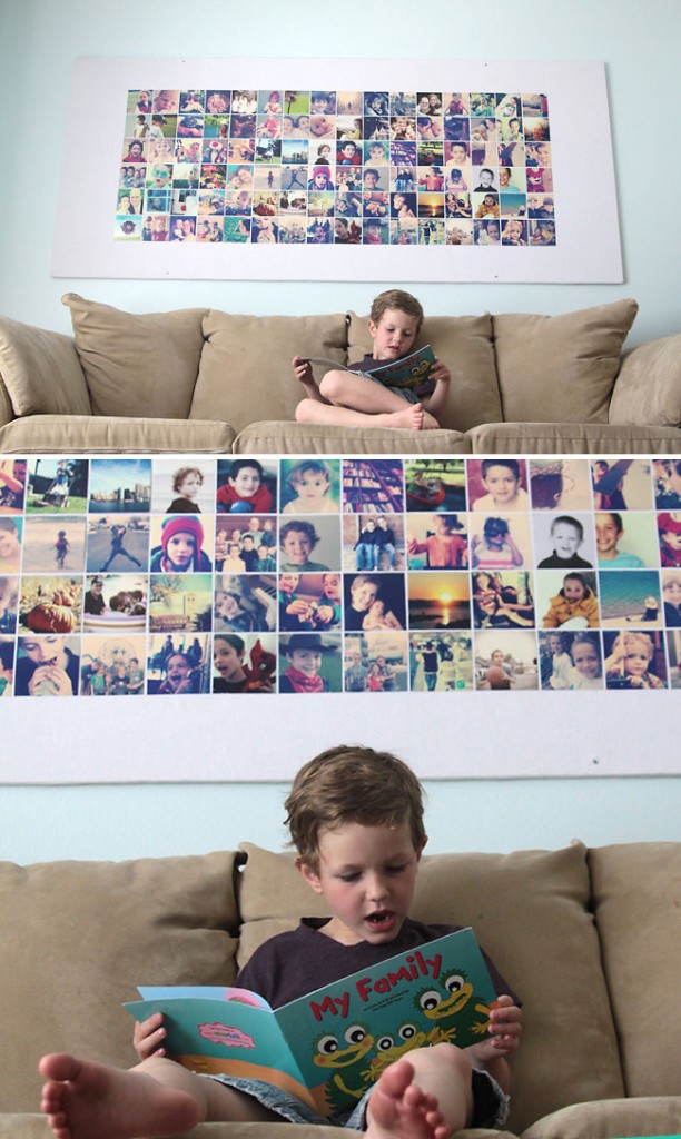 A young boy sitting on a sofa under a huge DIY wall bulletin board