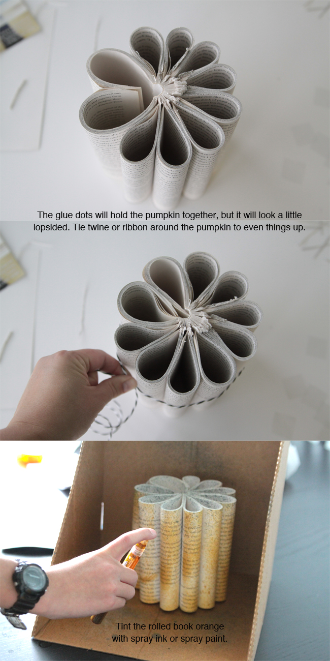 Making rolled paper pumpkin from a book and painting it orange