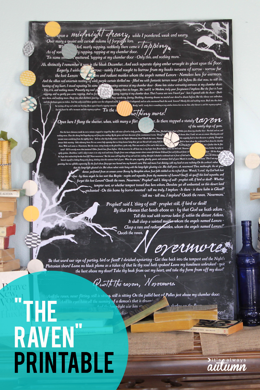 Free art print of "The Raven" by Edgar Allen Poe. Cool DIY Halloween decor!