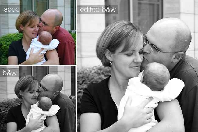 Mom and dad and baby; black and white version, edited black and white version