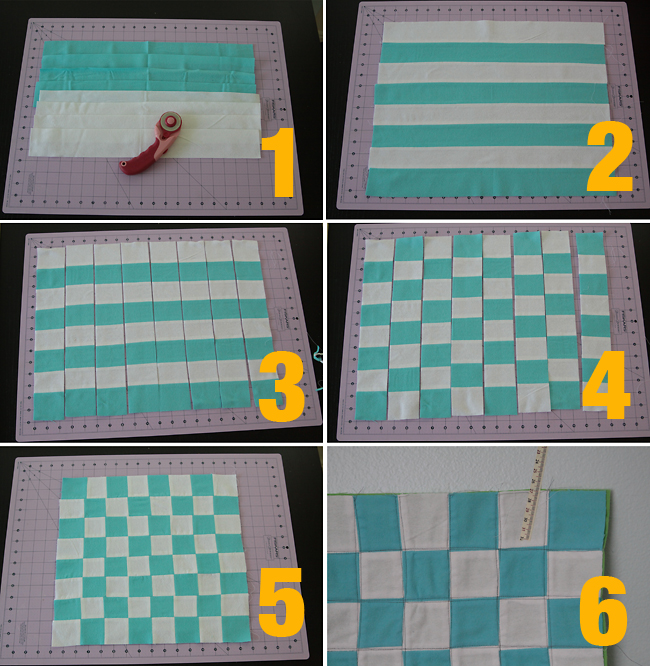 strips of white and turquoise fabric sewn in stripes; cut and alternated to make chess board pattern