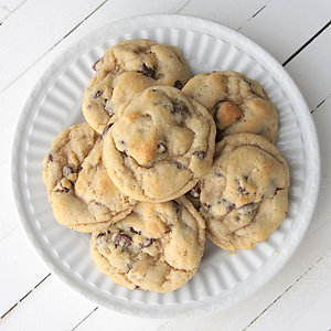 A plate of chocolate chip cookies