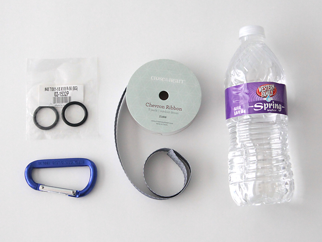 O-rings, caribiner, ribbon, water bottle