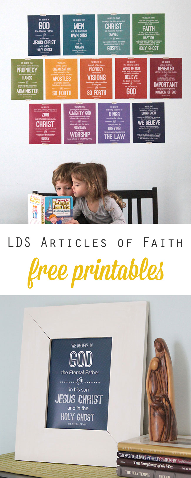 free printables for all 13 LDS Articles of Faith - great way to help kids with memorization! These would also make a fun family Christmas gift.