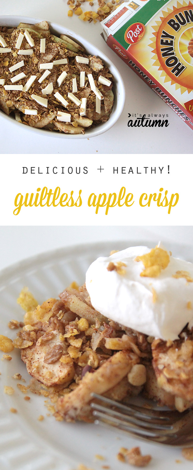 guiltless apple crisp made with Honey Bunches of oats cereal